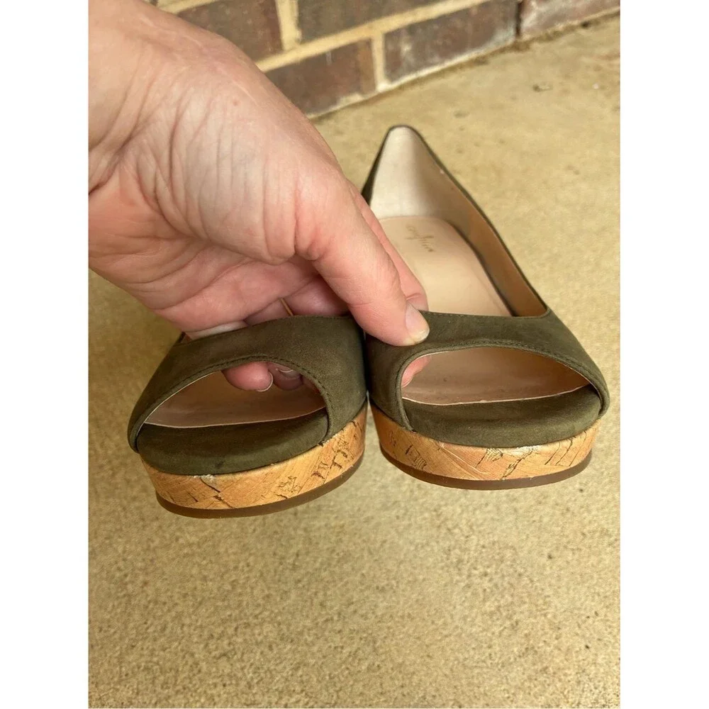 Cole Haan Jocelyn Olive Suede Peep-Toe Espadrille Wedge Heels size 8.5